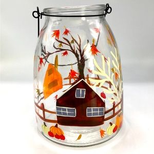 NEW Hand Painted Rustic/Farmhouse Design Glass Vase-Container with Metal Handle